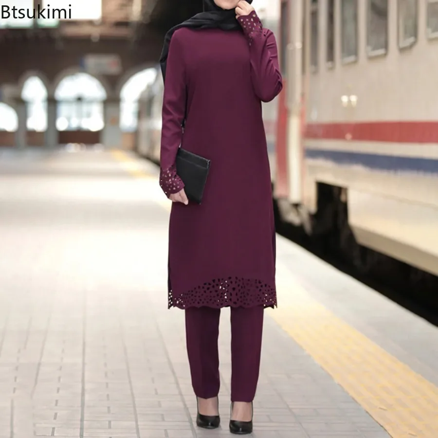 Abaya musulmane pour femmes, ensemble deux pièces ajouré à manches longues et pantalons, vêtements islamiques pour femmes, Kaftan arabe de dubaï, 2026