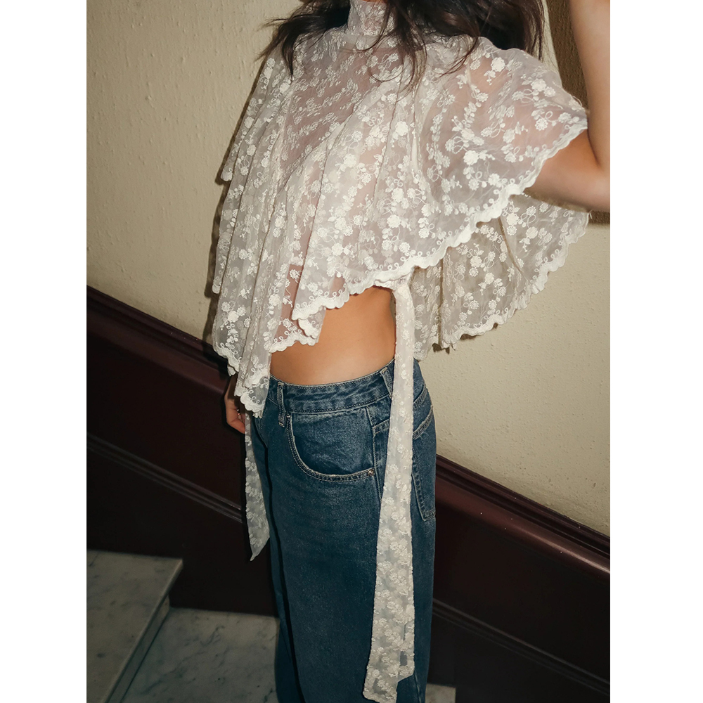T-shirts d'été pour femmes, style Kawaii Grunge, en dentelle, broderie florale, Coquette, sexy, transparents, à volants irréguliers, manches flottantes, coupe ample