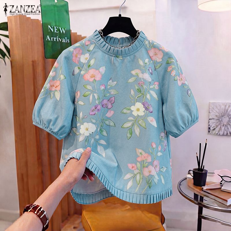 ZANZEA – hauts à volants pour femmes, chemisier imprimé floral, manches courtes bouffantes, style coréen, Bluasa, tunique décontractée et élégante, imprimé patchwork, été