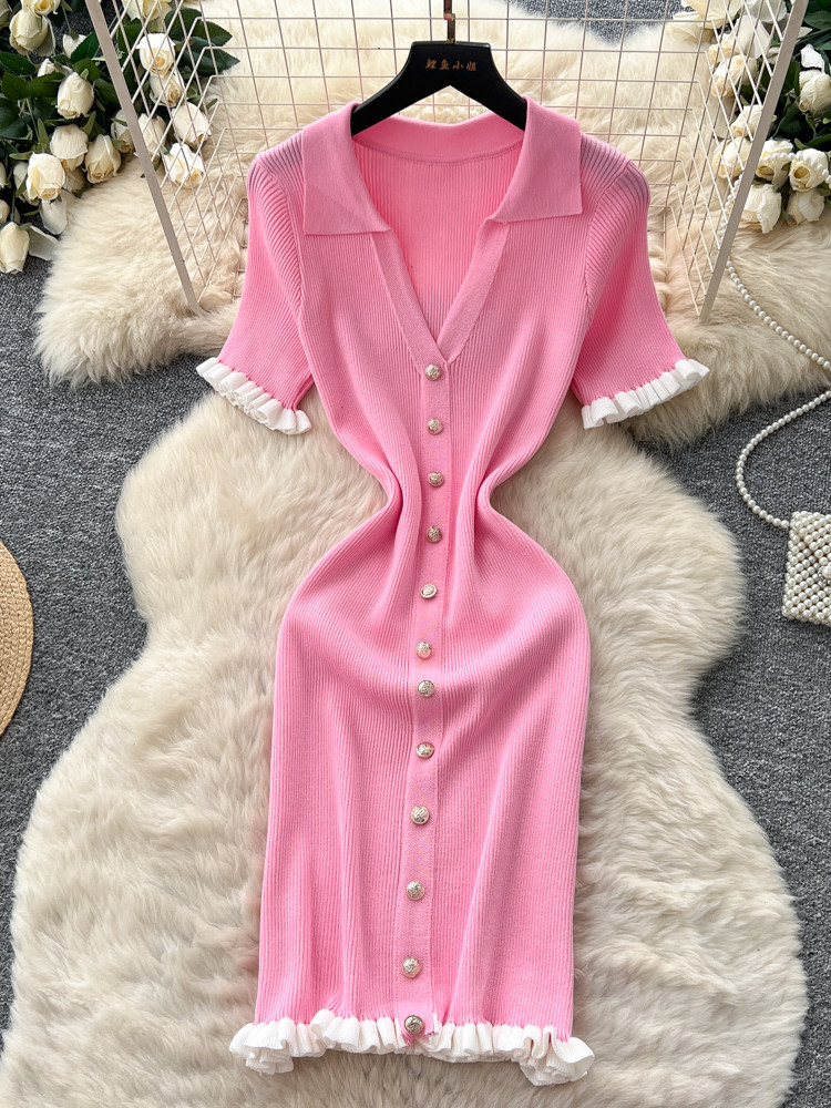 Robe Courte Tricotée pour Femme, Sexy, Col en V, Bordure Volantée Noire, Moulante, Style Coréen, Manches Courtes, Boucle Métallique, pour l'Été