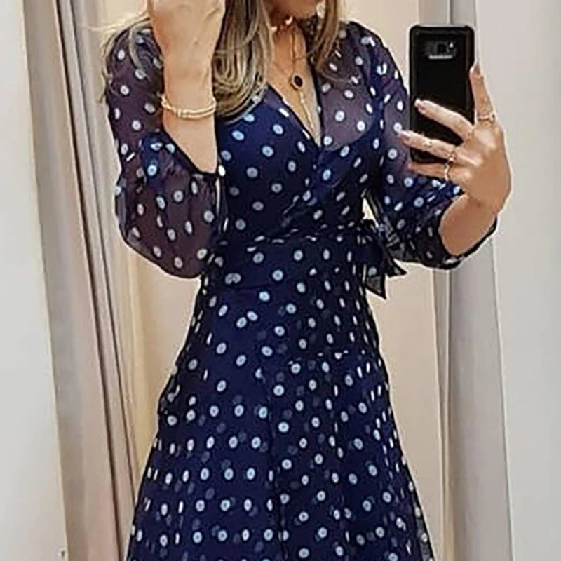 Robe de Soirée Élégante à Pois Imprimé Bleu Foncé, Tenue Plissée Irrégulière, Décontractée, Col en V, Taille Haute, Éducative
