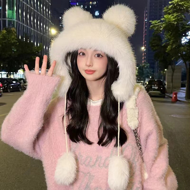 Chapeau d'oreille d'ours mignon en peluche pour femmes, Protection d'oreille épaisse et chaude, chapeau de vent et de neige, chapeau en peluche petit ours Lei Feng, nouvelle collection hiver