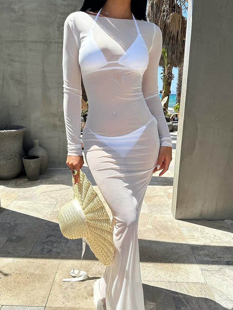 Robe longue en maille transparente pour femmes, couleur unie, col bateau, manches longues, moulante, transparente, Sexy, Cover-up pour Club de plage