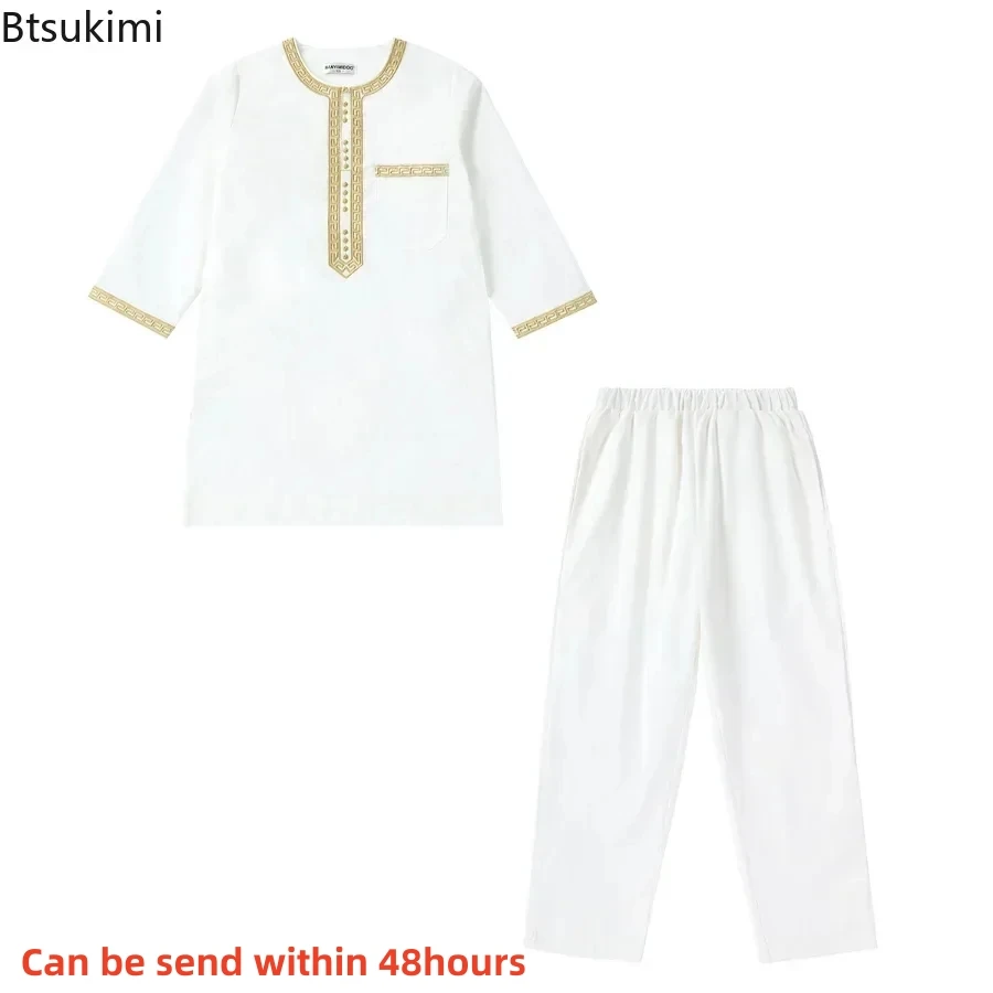 2026 Arabie Saoudite Robe pour enfants Vêtements musulmans Qamis enfant Garçon Jubba Thobe Ensemble 2 pièces Vêtements islamiques Homme Fête Abaya Kaftan