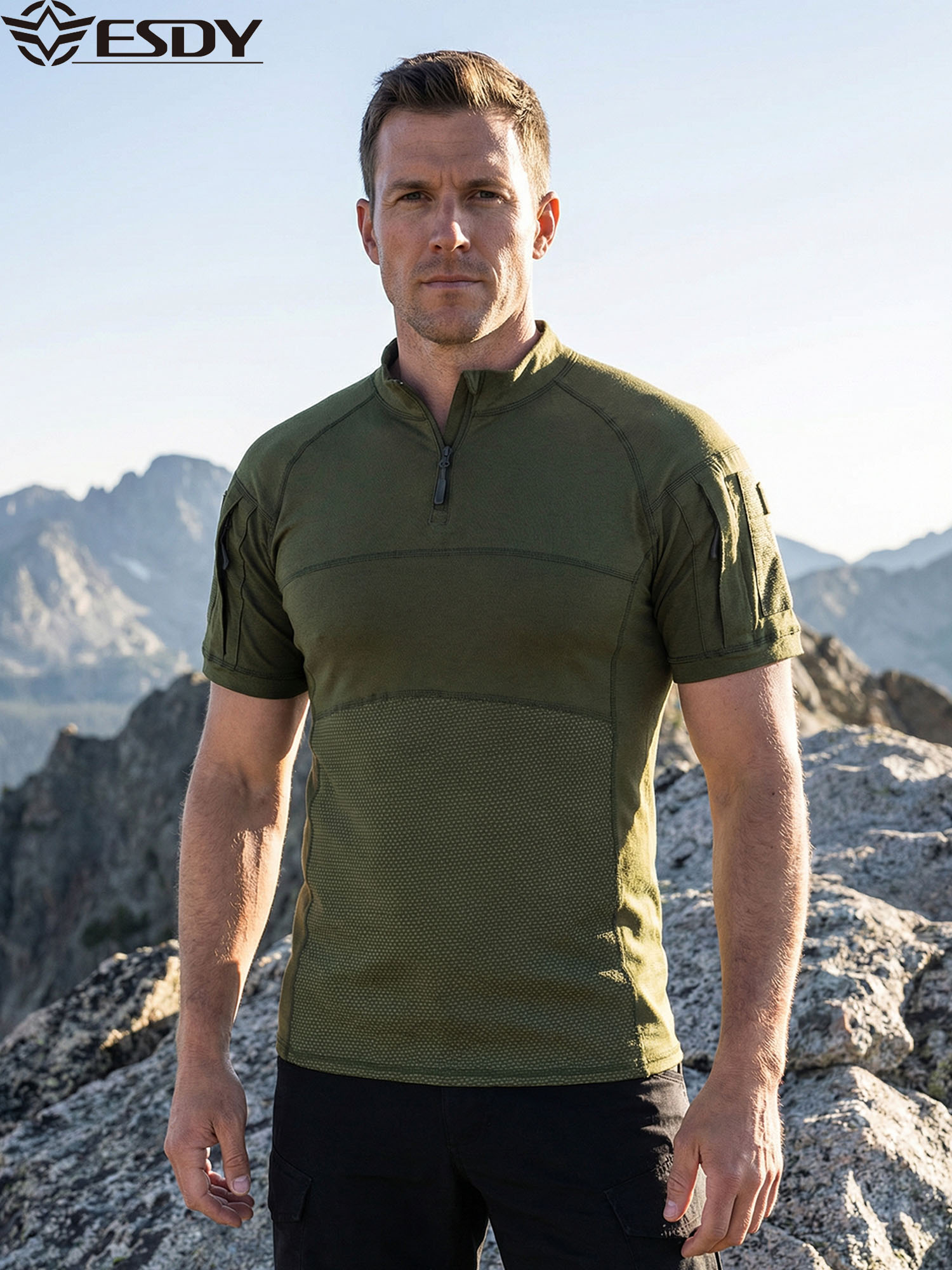T-shirt tactique à haute élasticité pour hommes, chemise de combat militaire respirante et résistante à l'usure avec poches sur les bras pour la chasse, le camping et la randonnée