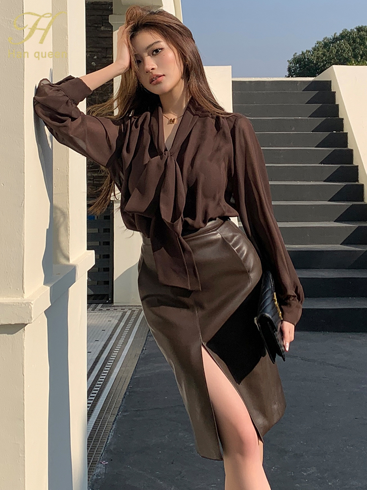 H Han Queen travail décontracté hauts chemisier en mousseline de soie nouveauté chemise femmes Blouse Vintage nœud élégant lâche femmes chemises d'affaires