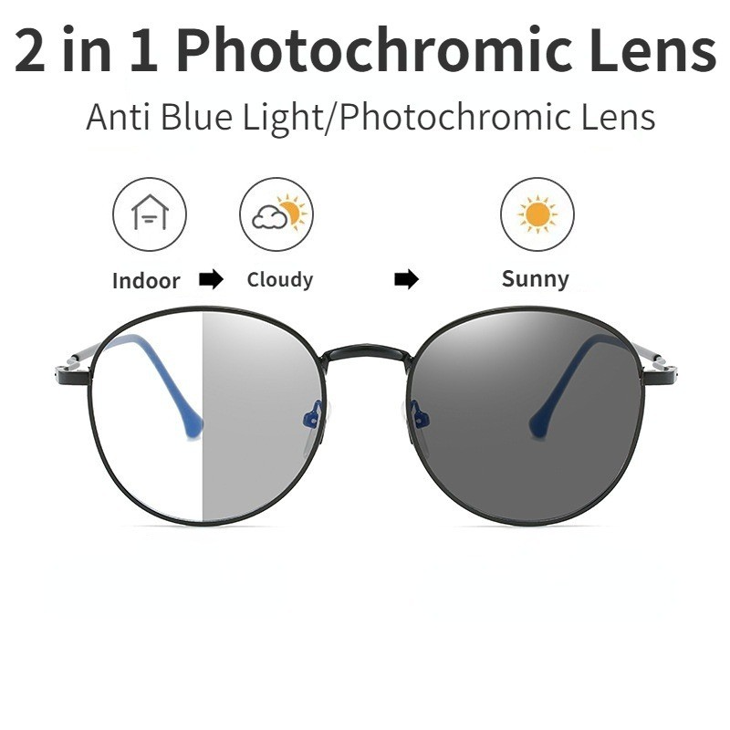 Lunettes photochromiques anti-lumière bleue, monture ronde tendance, protection UV, lunettes de soleil pour plage et extérieur, pour hommes et femmes