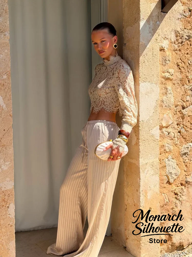 Ensemble 2 pièces pour femme, bleu, col semi-montant, haut en dentelle, pantalon à taille élastiquée avec cordon de serrage et fente arrière, style blouses, pour usage quotidien