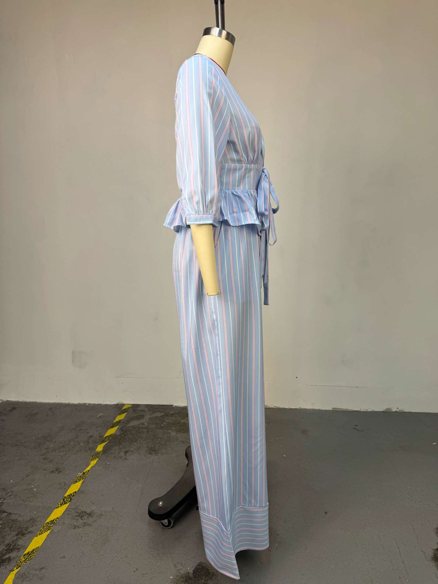 Ensemble deux pièces pour femmes, col en V, chemise à manches longues, hauts rayés, jambes larges, pantalons longs à lacets, taille haute, Streetwear Y2k, travail