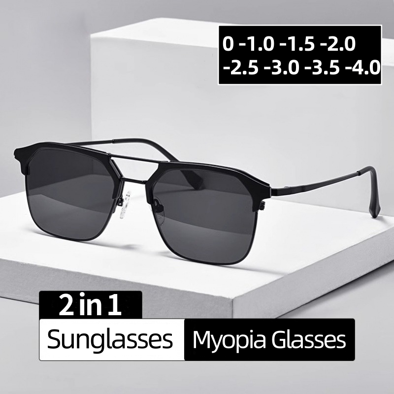 Lunettes de soleil tendance pour hommes et femmes, monture carrée en métal, rétro, moins dioptrie, UV400, lunettes de soleil-1.0 -1.5