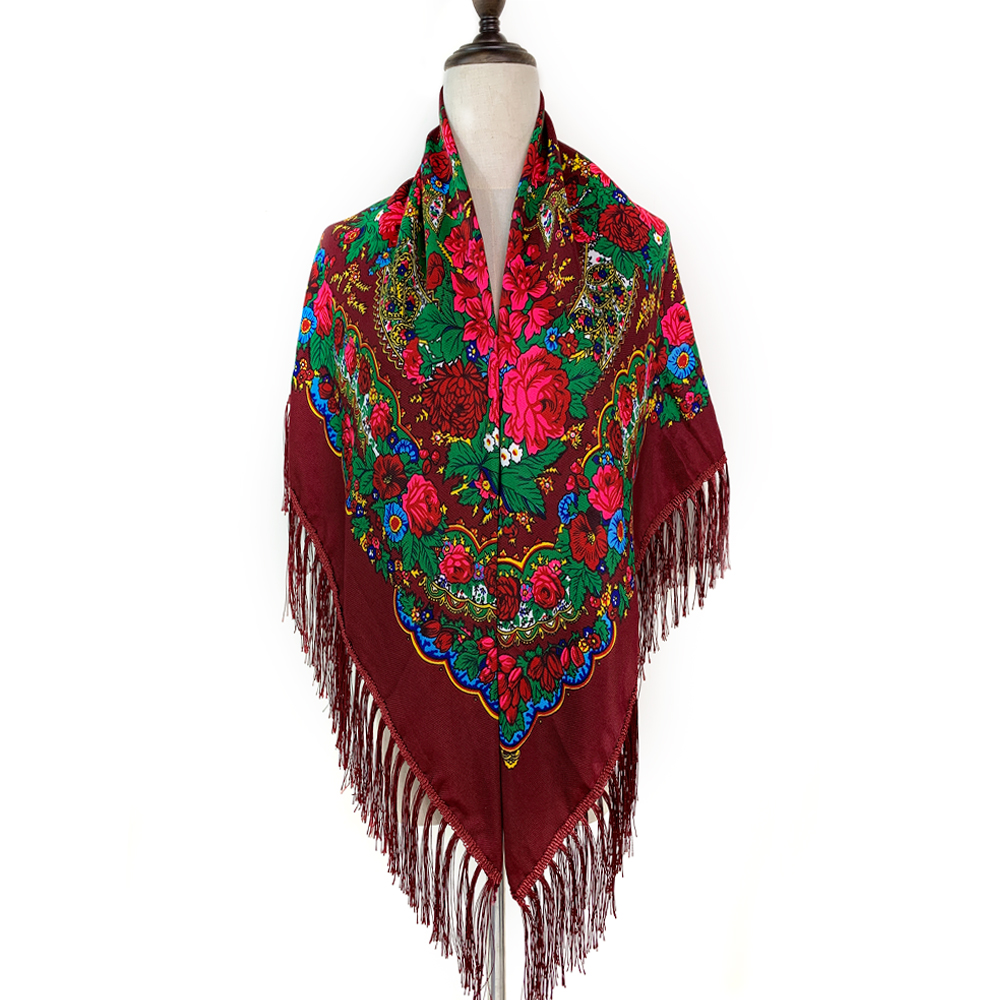 Écharpe carrée nationale russe pour femme, foulards ethniques College floraux rétro, châle bandeau, mouchoir en coton sergé, 120x120cm