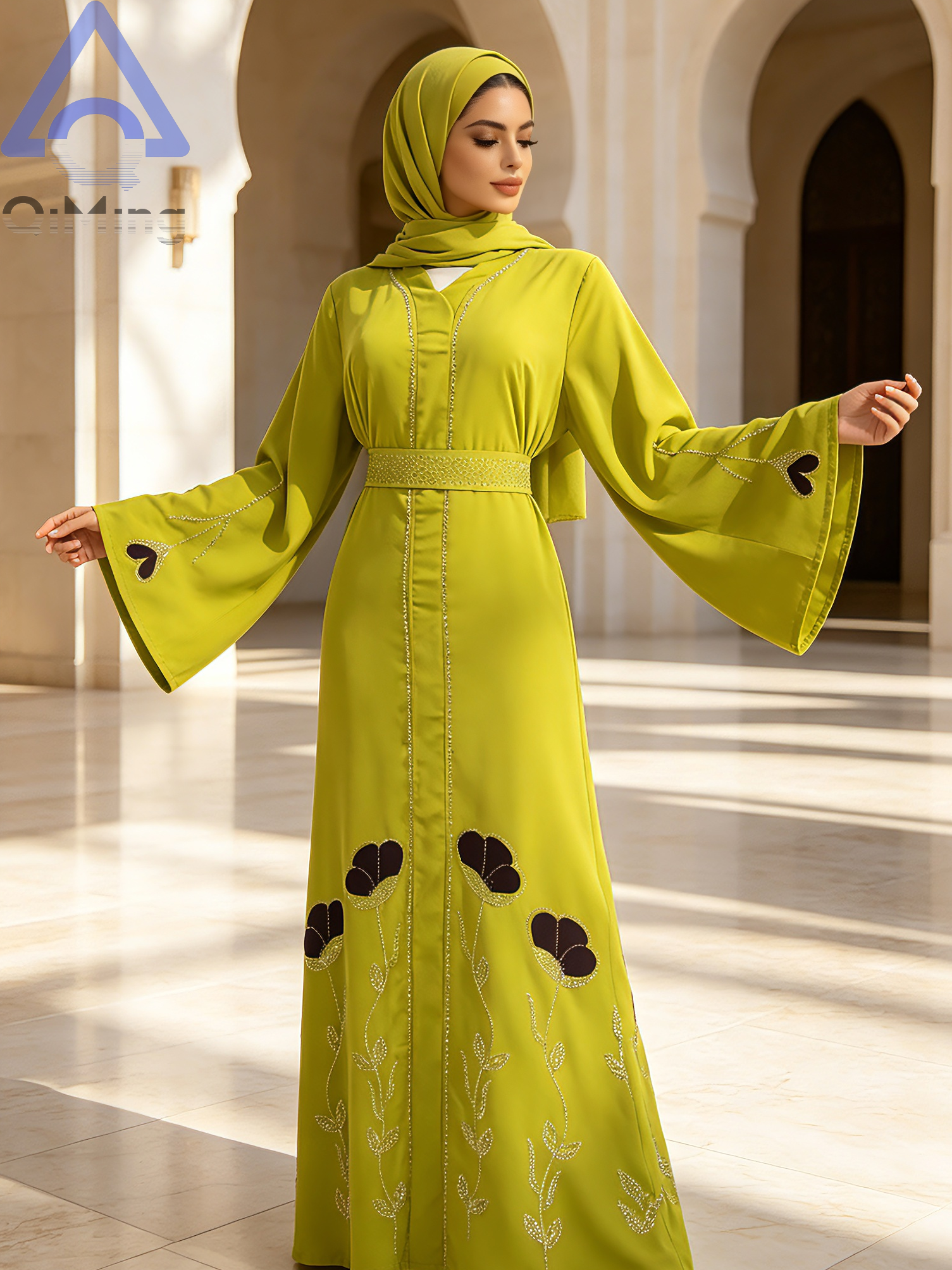 Abaya de Luxe Noire pour Femmes Musulmanes QiMing, Kaftan de Dubaï avec Strass, Jalabiya Marocaine Florale Modeste, Ceinture Élégante, Robe de Soirée Islamique