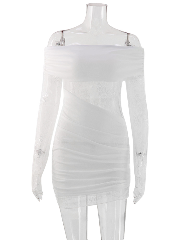 CNYISHE Robe fourreau pour femme à col bateau, patchwork de dentelle, manches longues, coupe ajustée aux hanches, couleur unie, chic, tenue de soirée et de club, style sexy