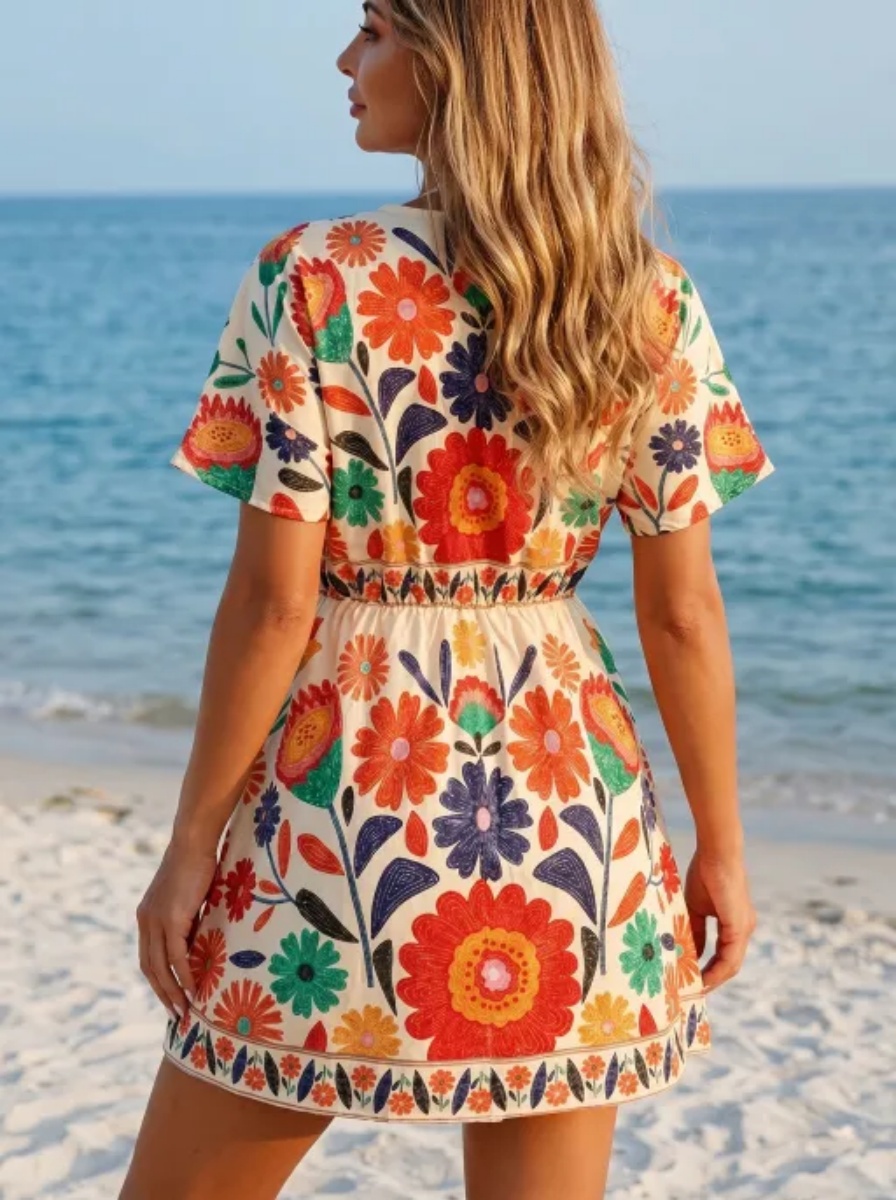 Robe de plage bohème à fleurs, col en V, manches courtes, mini-jupe, parfaite pour vos prochaines vacances