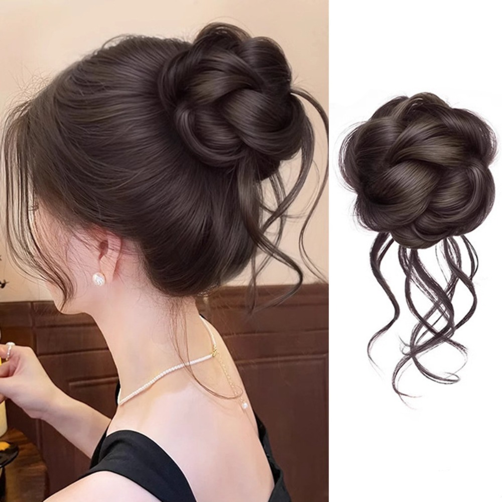 Élégant chignon synthétique à pince, postiche naturel et volumineux, marron noir, pour femme