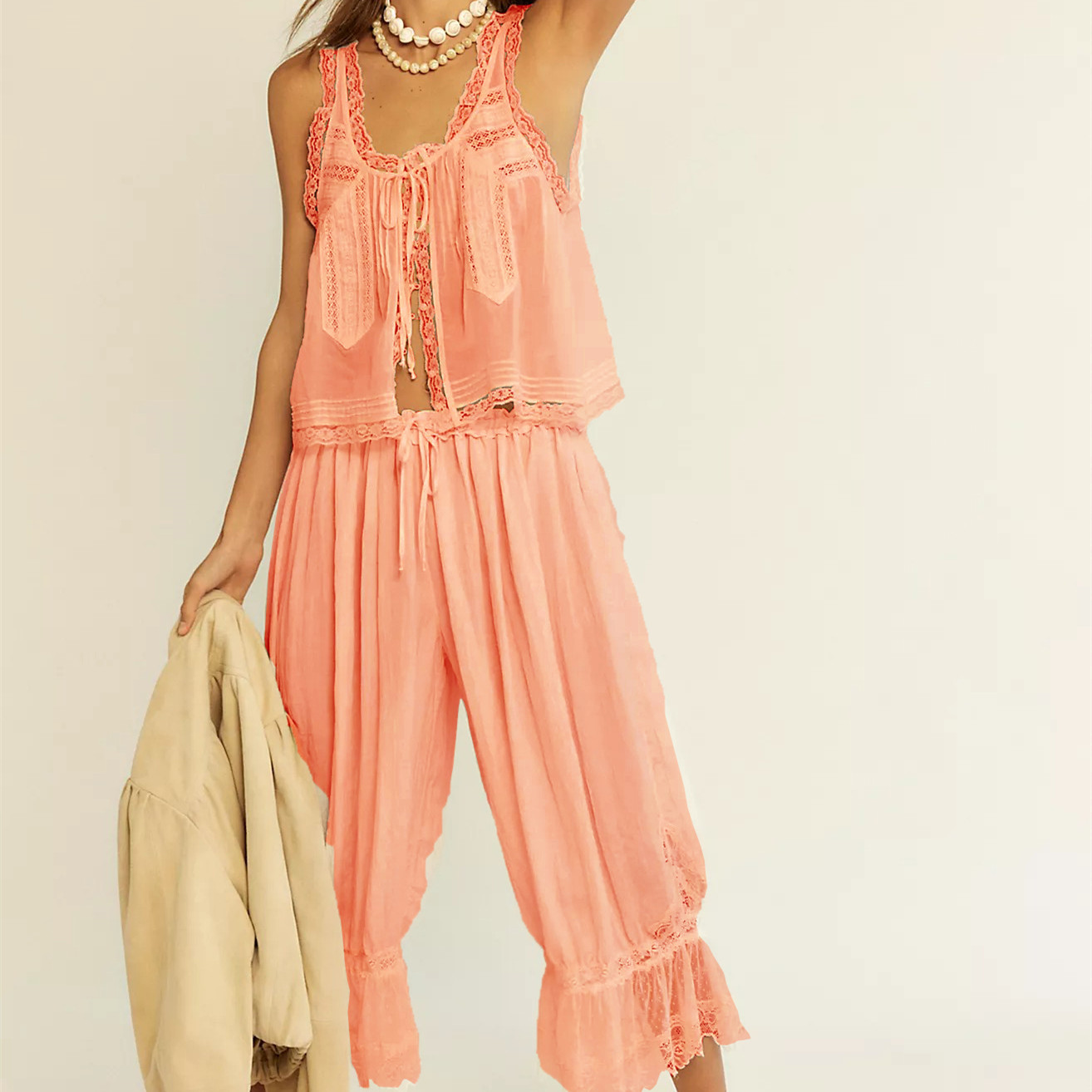 Ensemble pantalon 2 pièces style Boho Vintage pour femmes, tenue d'été décontractée, sans manches, cravate sur le devant, garniture en dentelle, débardeur, ensemble pantalon à cordon de serrage