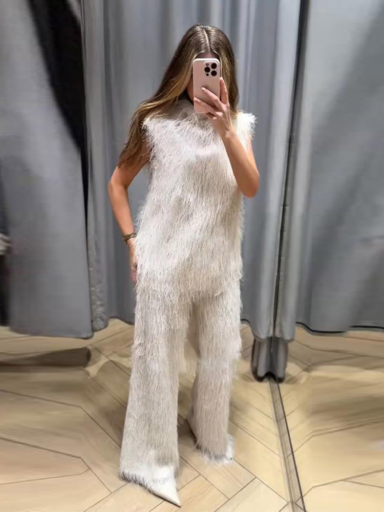 Ensemble pantalon et gilet élégant pour femmes, haut sans manches, Baggy, luxe, fausse fourrure, tenue chaude, nouvelle mode décontractée, printemps 2026