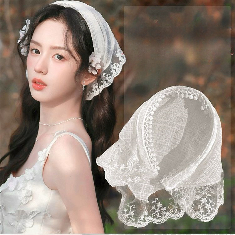 Foulard bandeau en dentelle pour femmes, Bandana Triangle de Style français avec bandeau intégré, accessoire pour cheveux Chic pastoral, 2025