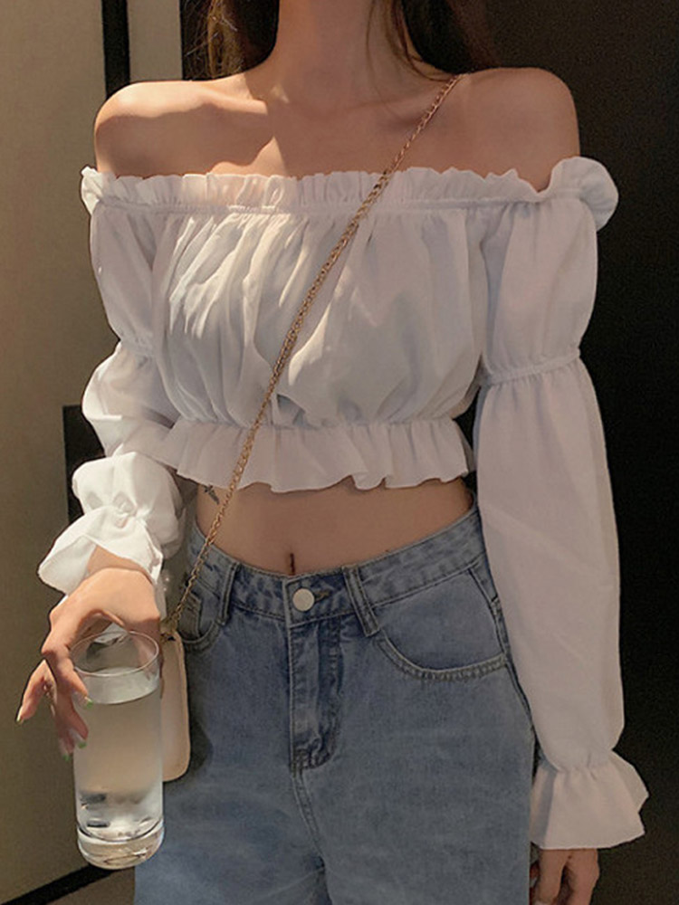 Haut Sexy pour femmes, épaules dénudées, manches longues, couleur unie, chemise blanche, manches bouffantes, tunique à volants, haut court, bustier tubulaire d'été