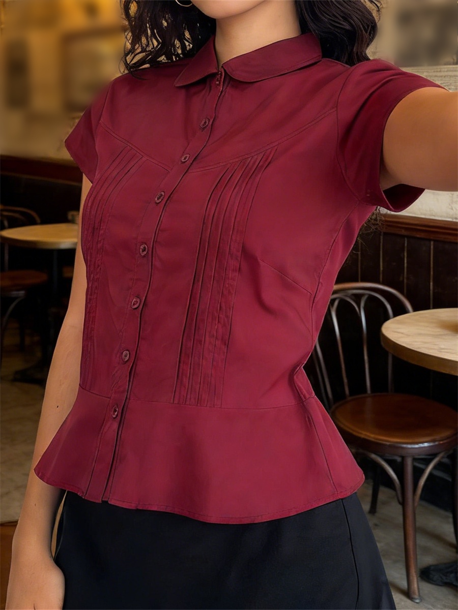 Chemisier d'été pour femme, couleur unie, manches courtes, col à revers, boutonnage, plissé, coupe ajustée