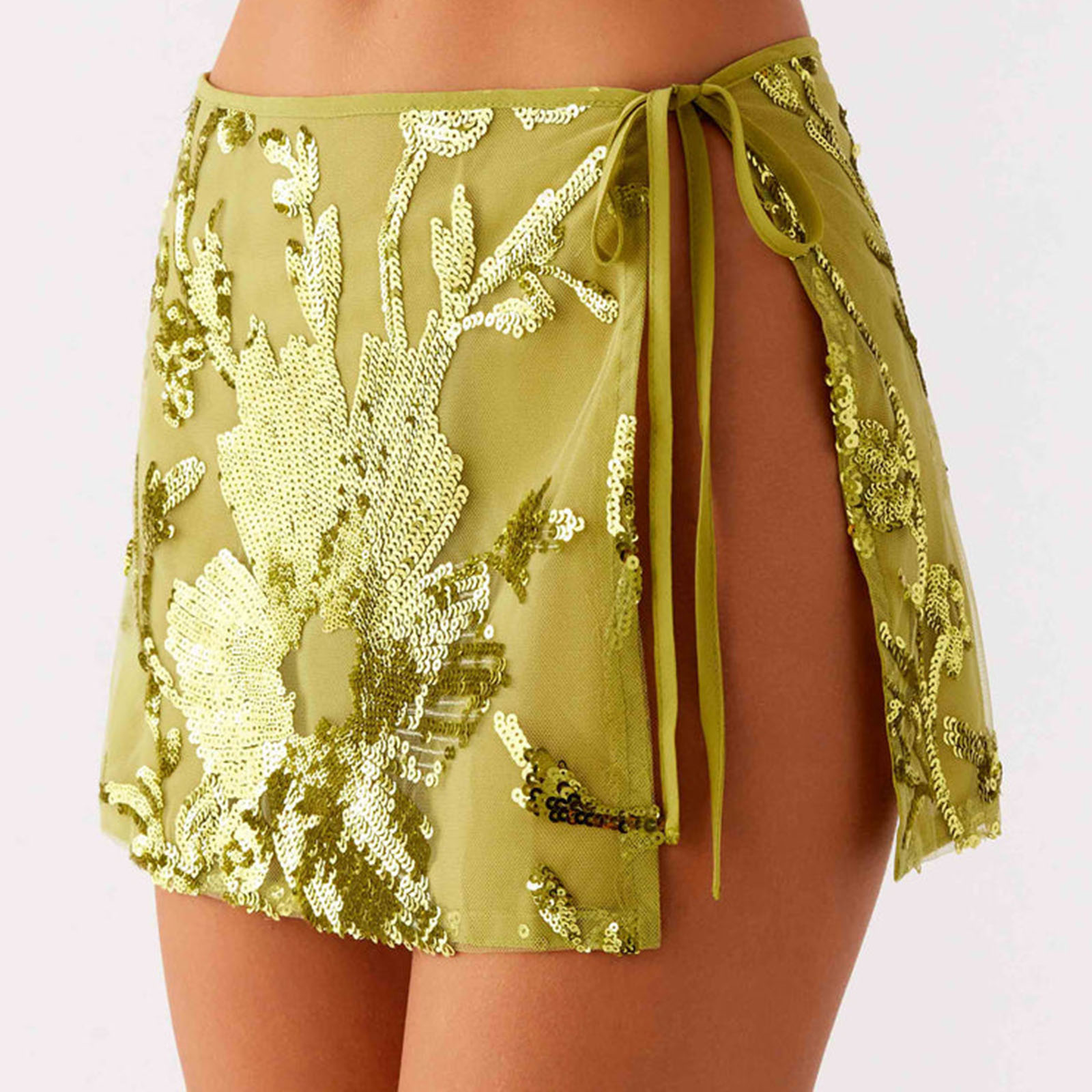 Femmes jupes à paillettes été taille basse côté jupes scintillantes cravate fendue Mini jupe Streetwear crayon moulante soirée Club