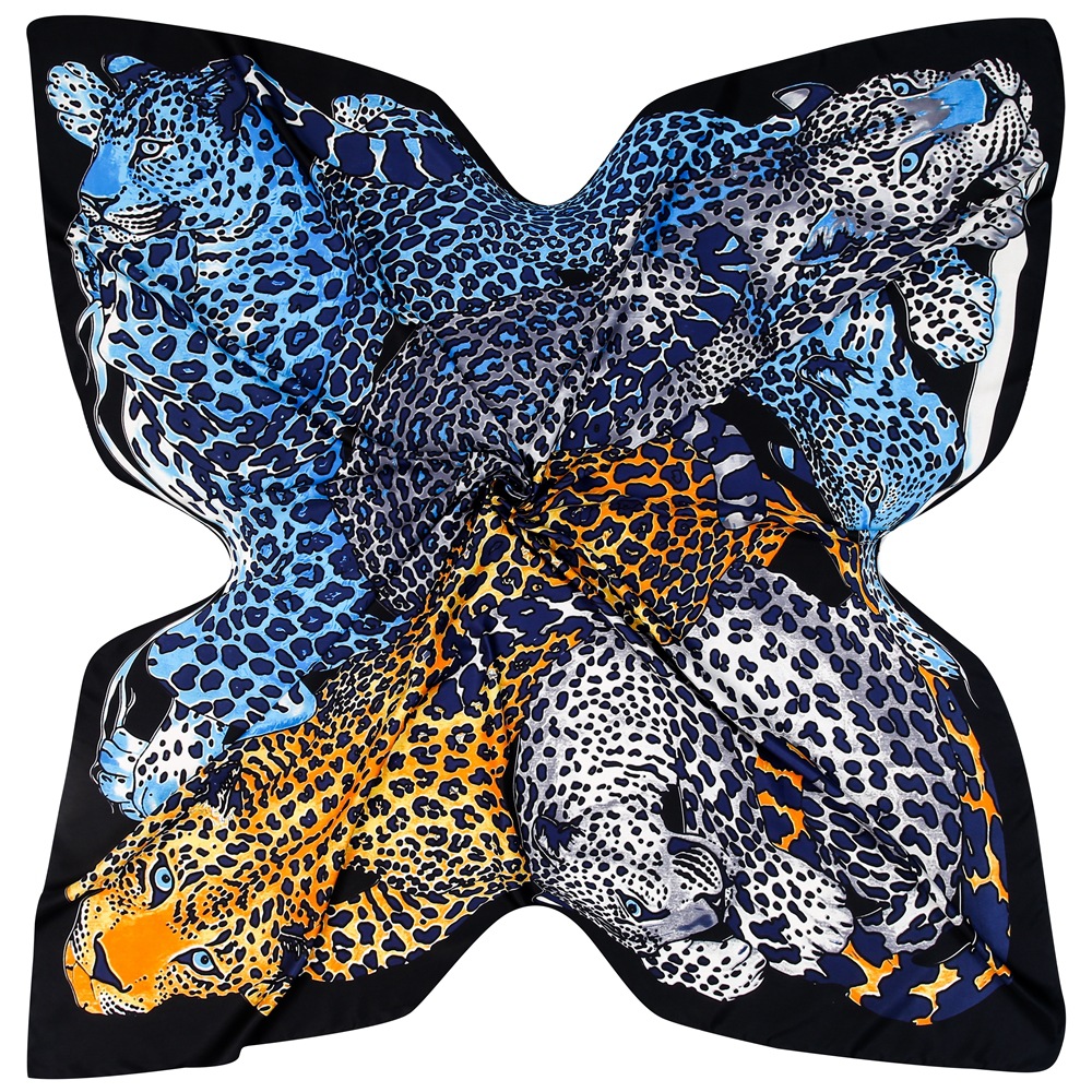 POBING foulard en soie femmes grands châles imprimé léopard carré Bandana luxe foulard musulman Hijab écharpe femme Foulards 130CM