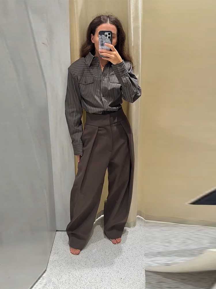 Ensemble chemise et pantalon droit décontracté pour femmes, rétro Chic, chemise cintrée à la taille, pantalon ample, tenues de rue classiques d'automne