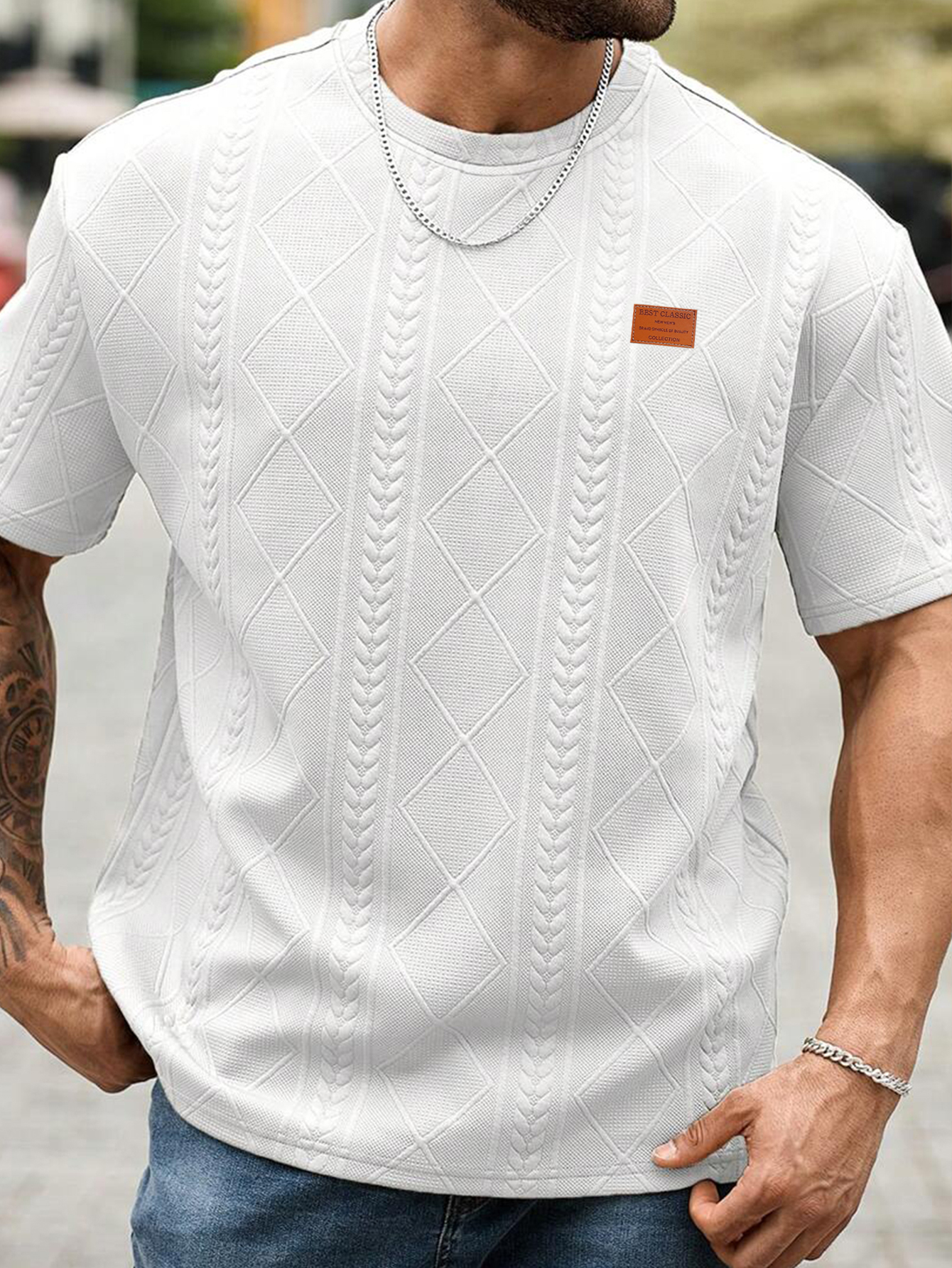 T-shirt jacquard à coupe classique pour homme, manches courtes, décontracté, pour la mode estivale, haut pour homme pour un usage quotidien