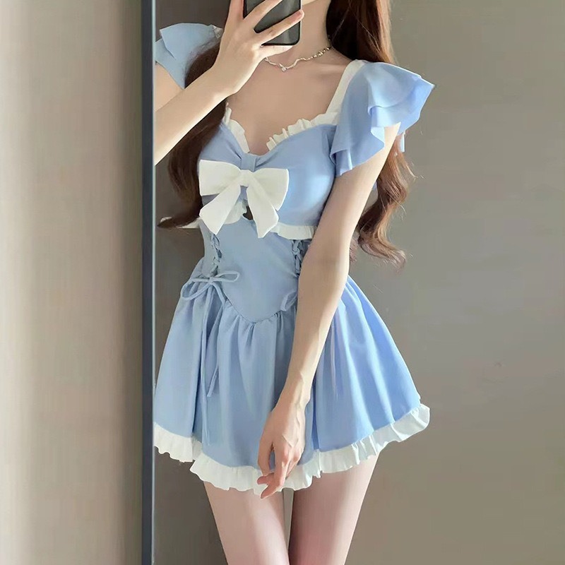 Maillot de bain une pièce pour femme, blanc clair, avec nœud, manches courtes à volants, taille lacée, jupe évasée, pour l'été et la plage