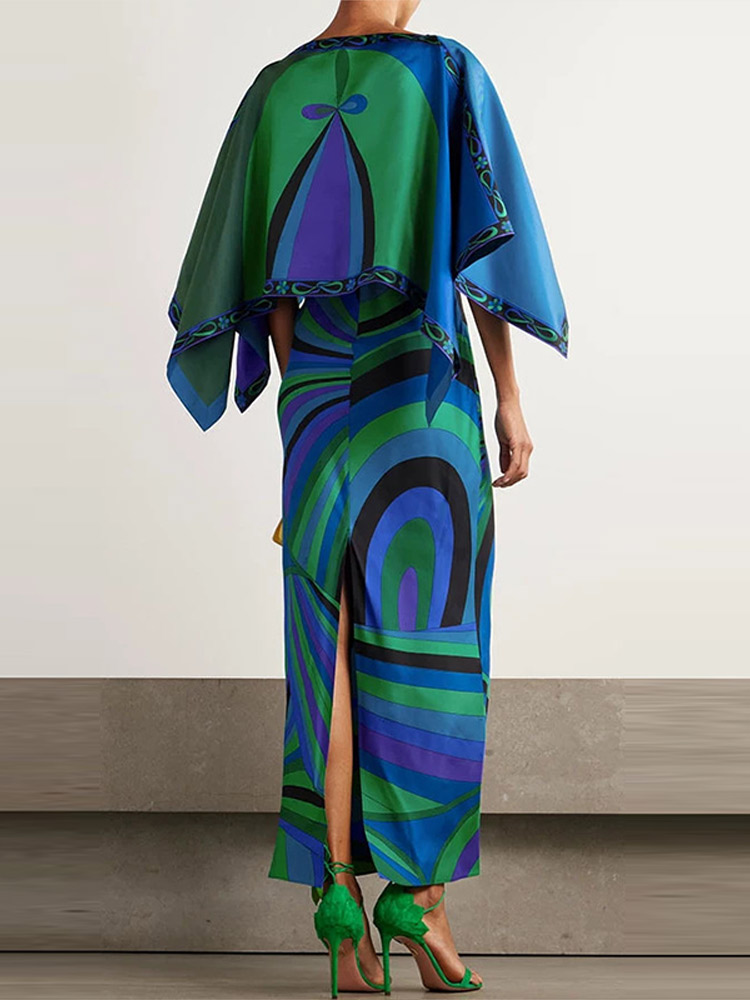 Ensemble Robe Imprimée Femme Deux Pièces Tenue de Vacances Cape Châle Haut Robes Longues Effet Soie Coordonné Plage Vêtements d'Été Femme
