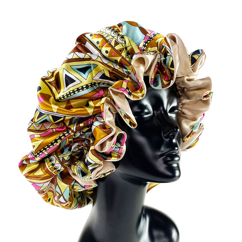 Bonnet en Satin pour femmes, Double couche, soyeux, grand Bonnet pour dames, impression, bonnet de sommeil, enveloppe de tête