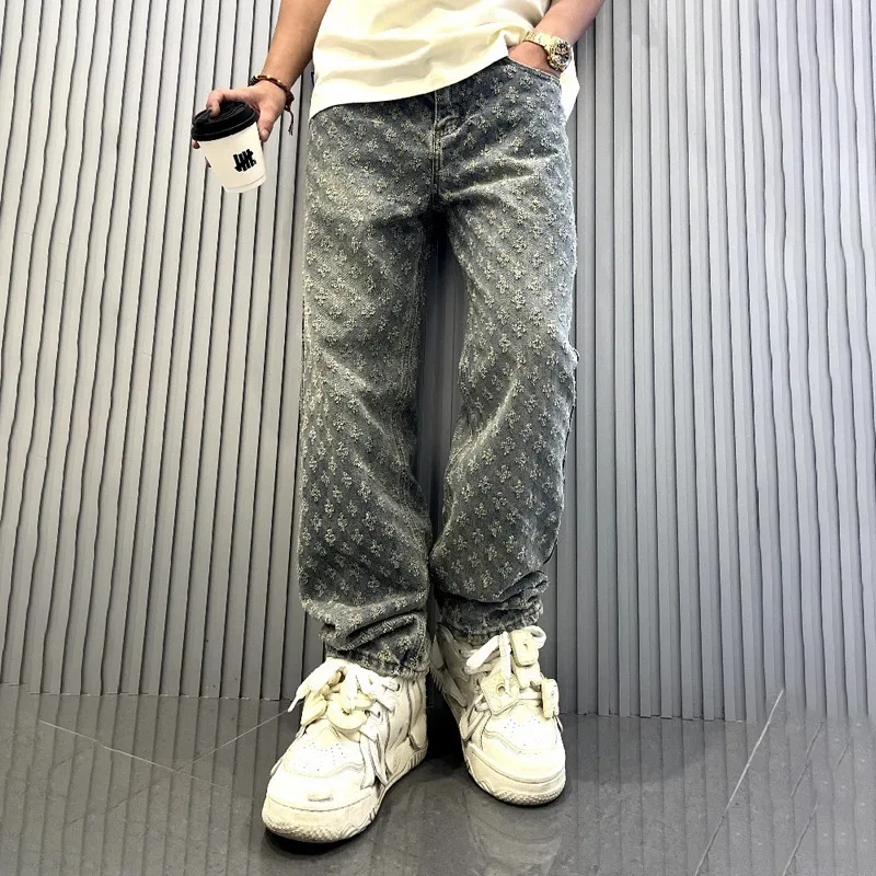 Jeans imprimés brodés rétro pour hommes, vêtements de rue américains, marque de mode, Design de célébrité d'internet, Y2K, jambes larges, Hip Hop