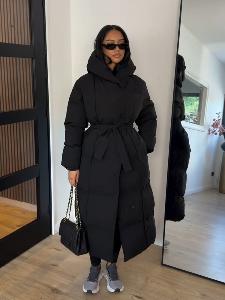 Veste Maxi en coton brillant pour femme, Chic, avec capuche, mode, manches longues, ceinture à la taille, manteau surdimensionné, vêtements d'extérieur chauds d'hiver 2025