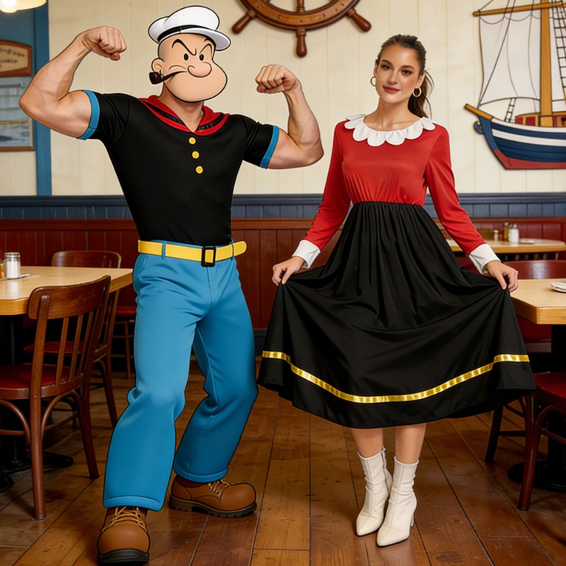 Nouvelles tenues de cosplay de carnaval pour couple, costumes classiques de Popeye, tenues de jeu de rôle rétro pour fête à thème pour femmes et hommes adultes