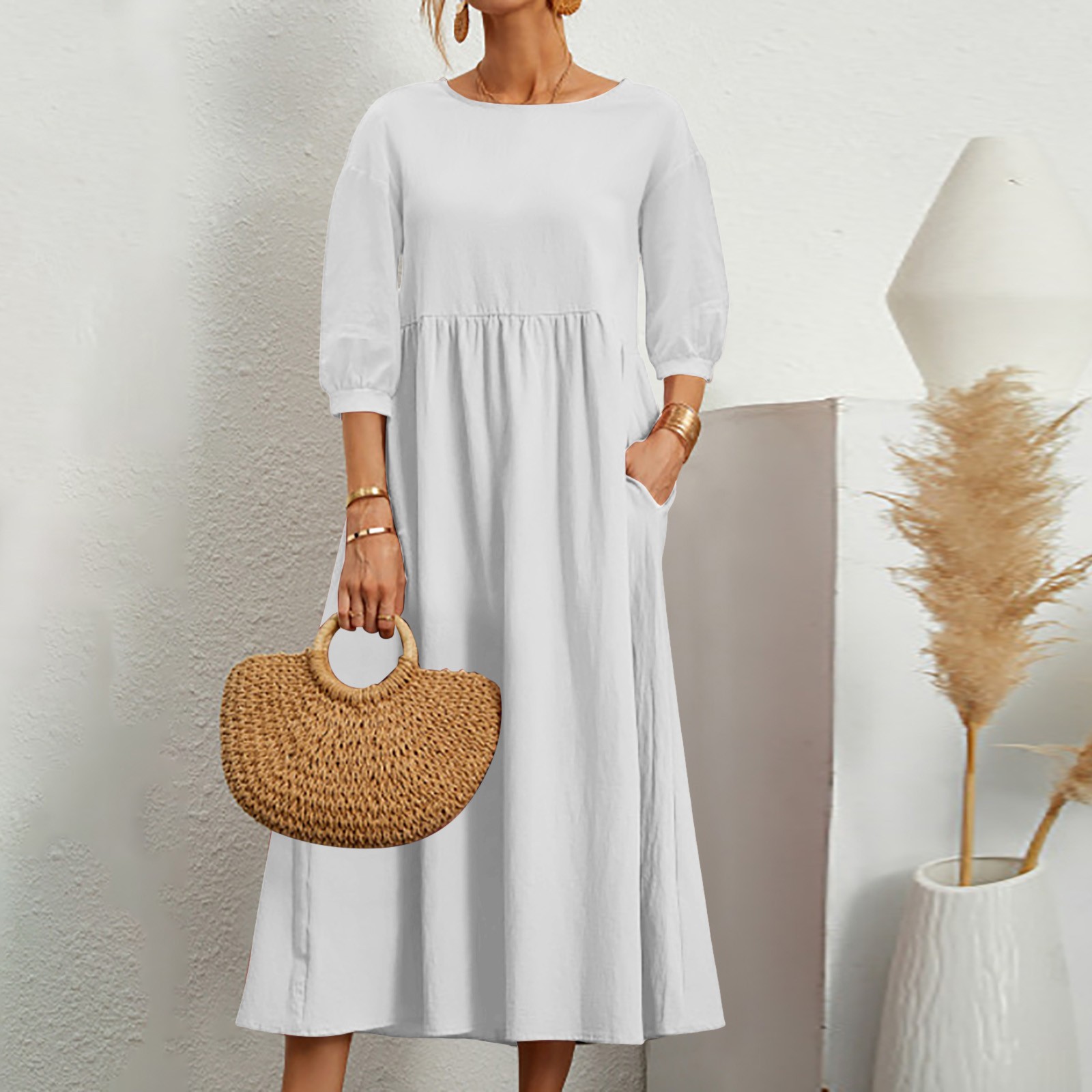 Femmes décontracté été robe en coton avec poches 3/4 manches ample Midi chemise robe femmes robes à manches courtes robes