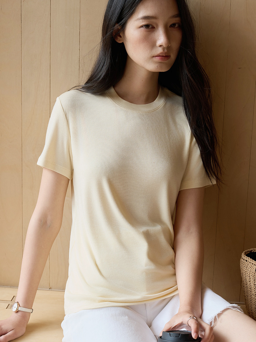 T-shirt à manches courtes en soie et laine pour femme, col rond, coupe ample, doux, basique, été