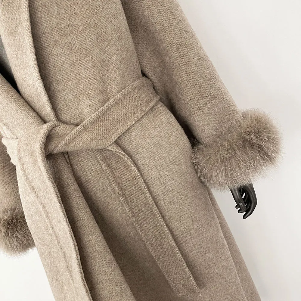 Tempérament d'hiver manteau en laine véritable court et Long poignets amovibles veste en fourrure de renard manteau en cachemire veste en laine Double face femmes