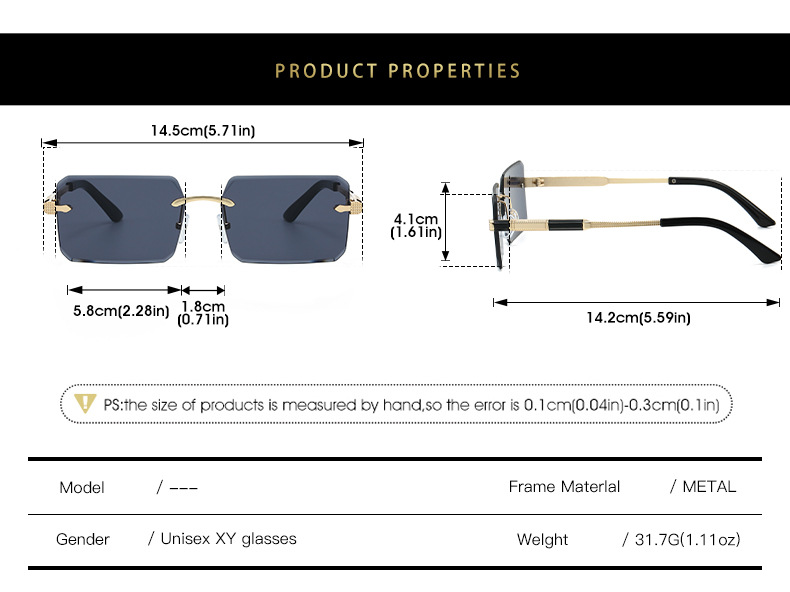 Nouvelles lunettes de soleil à coupe carrée sans monture – Monture métallique fine, nuances tendance élégantes et résistantes aux UV.
