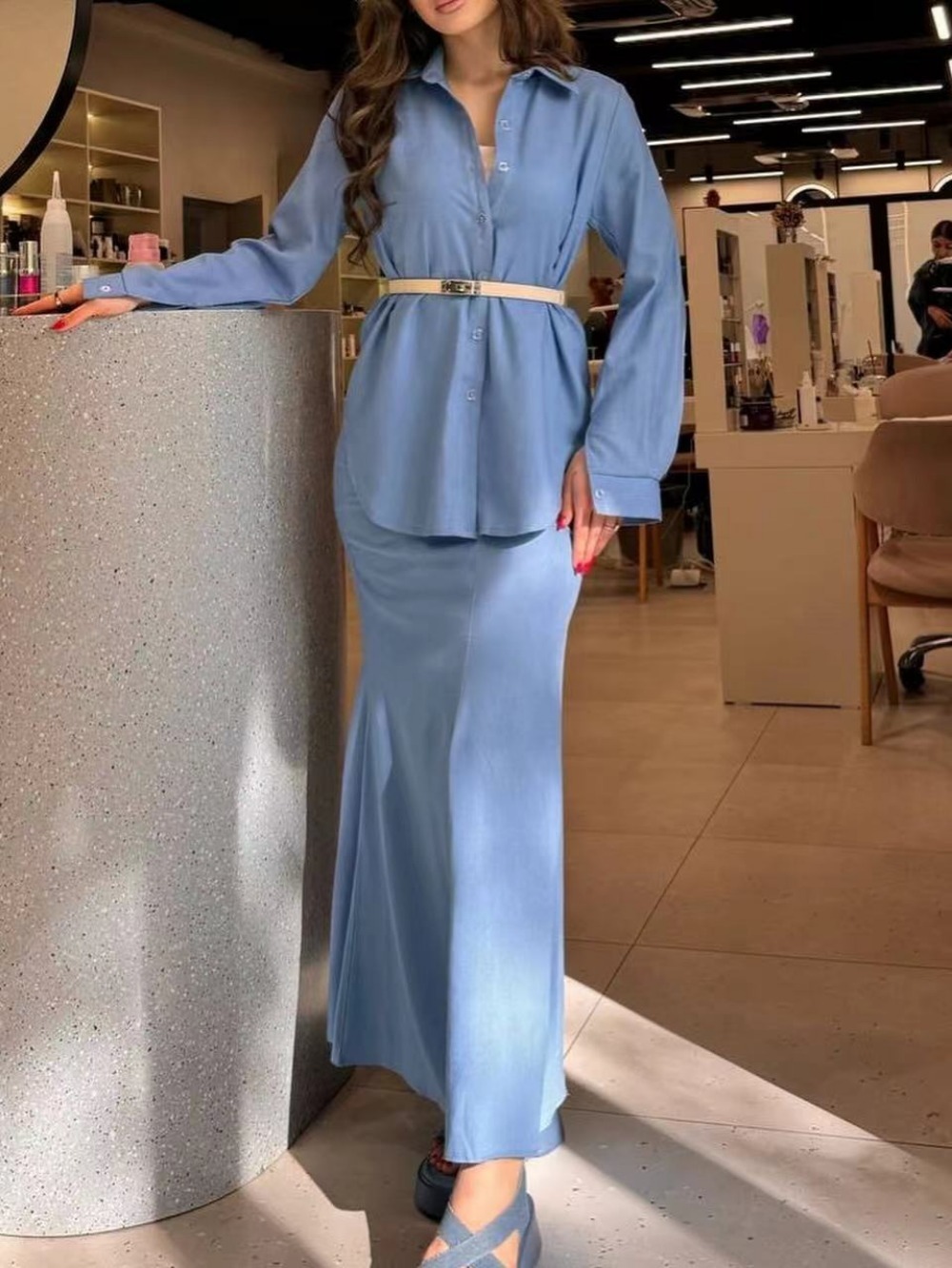Ensemble 2 pièces chemise et jupe boutonnées pour femmes musulmanes, Eid, Ramadan, Kimono, Robe, Caftan, Costumes, 2024