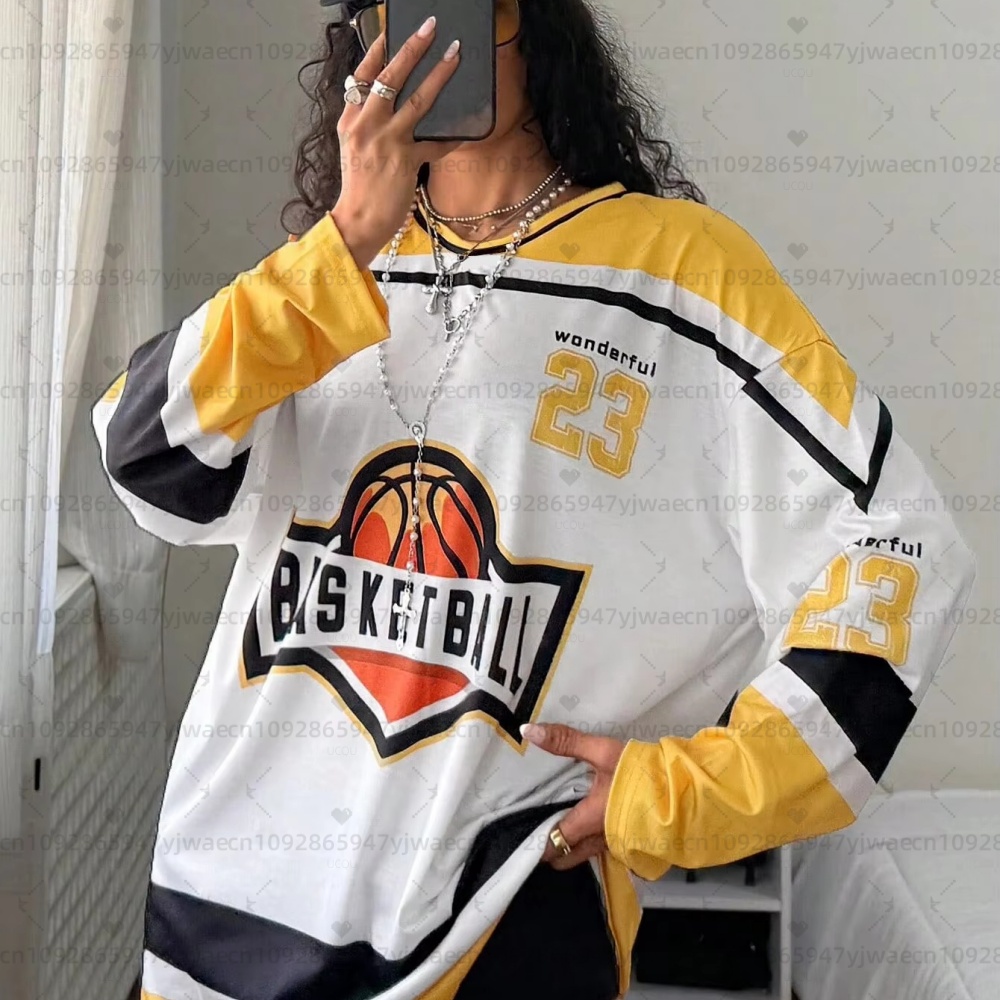 Superbe T-shirt de sport ample à col en V pour femme, respirant, à manches longues, style oversize, idéal pour le basketball