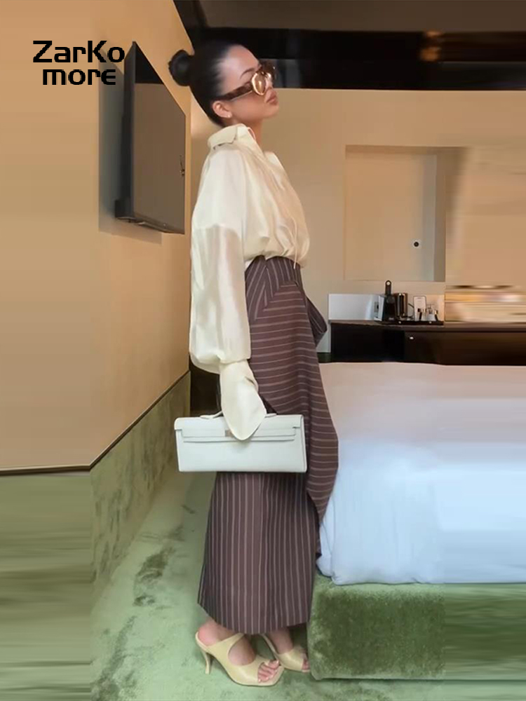 Ensemble chic chemise et jupe pour femme, col à revers ample, décolleté en V profond, manches longues, chemise transparente à lacets, jupes irrégulières à rayures, costumes 2026