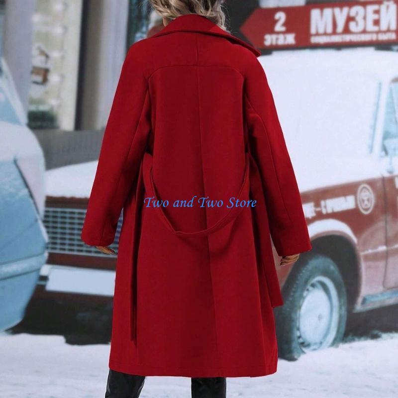 HX6F Manteau long en laine pour femmes avec revers, design à double boutonnage, vêtements d'extérieur chauds avec ceinture