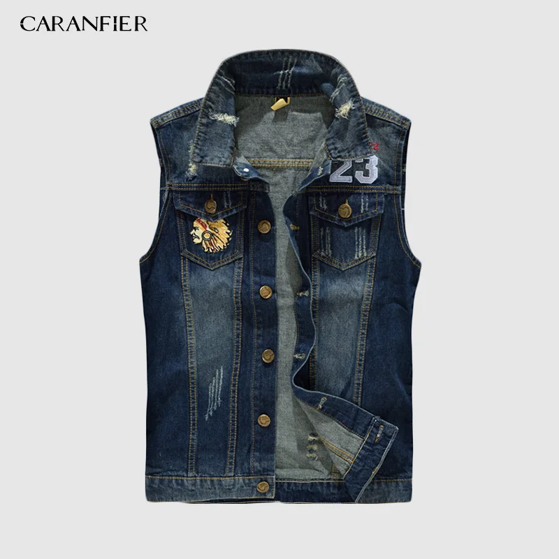 CARANFIER Denim gilet hommes Punk Rock Rivet Cowboy noir jean gilet homme moto veste manteau sans manches épissure vêtements