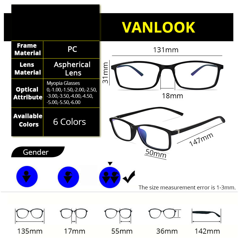 VANLOOK – lunettes de myopie pour femmes et hommes, monture dioptrie optique transparente, à la mode, 1-1.5 -6.00