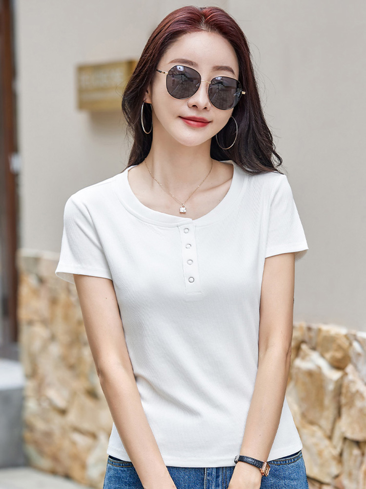 Nouveau Femmes T-shirt décontracté Été Mode Col rond Manches courtes Couleur unie T-shirts ajustés Simplicité Basique T-shirt court Femme