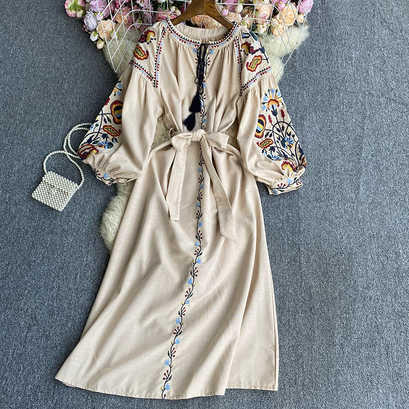 Robe Trapèze Brodée à Manches Bouffantes pour Femme, Col Rond, Taille Haute, Style Ethnique, Dropshipping