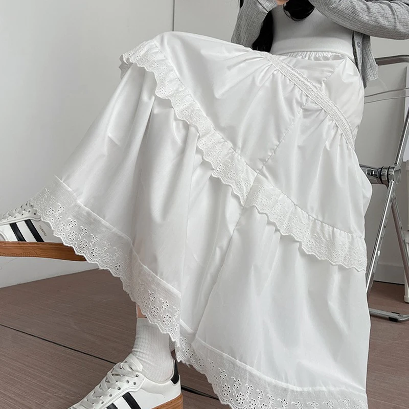 Jupe plissée en dentelle blanche coréenne pour femmes, taille haute, Patchwork de gâteau, jupes longues, Chic, ample, ligne A, été, 2025