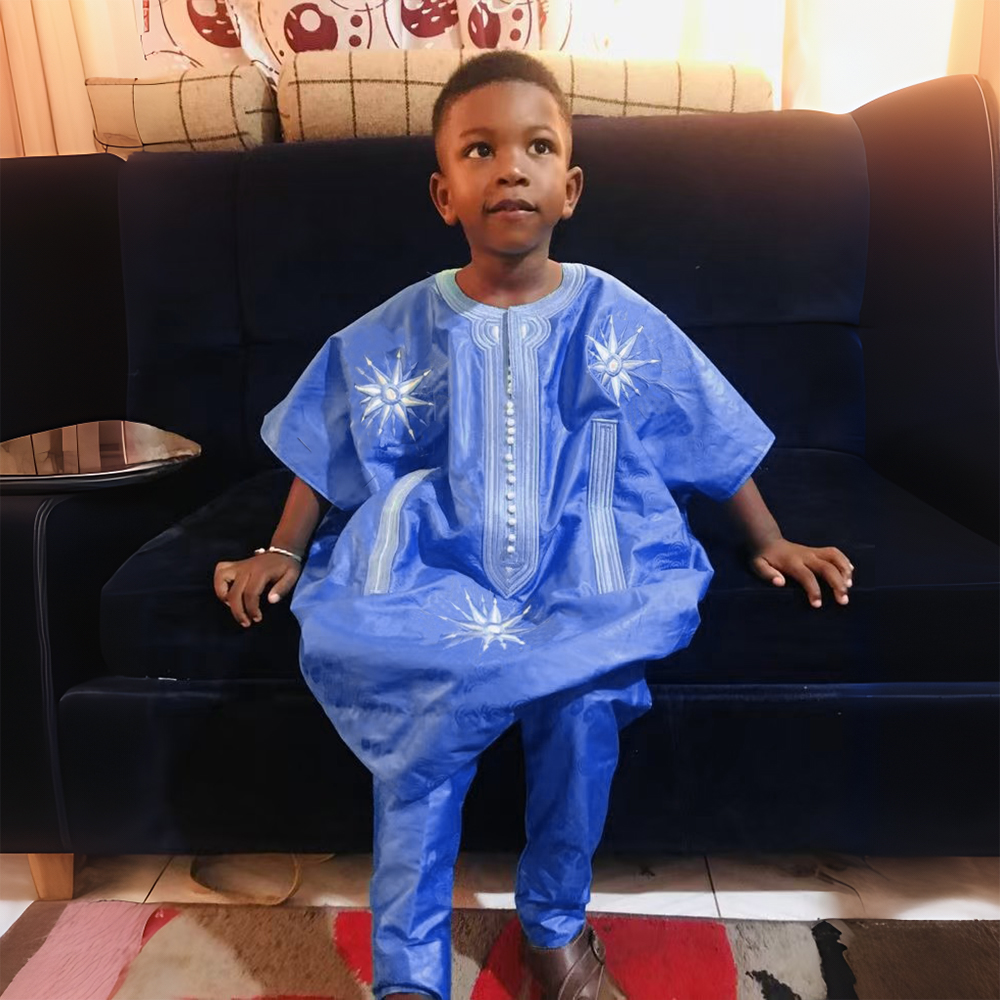 H & D-Vêtements de tradition africaine pour enfants, bleu, manches longues, broderie en Y, Dashiki, ensemble chemise et pantalon, nouvelle collection 2024