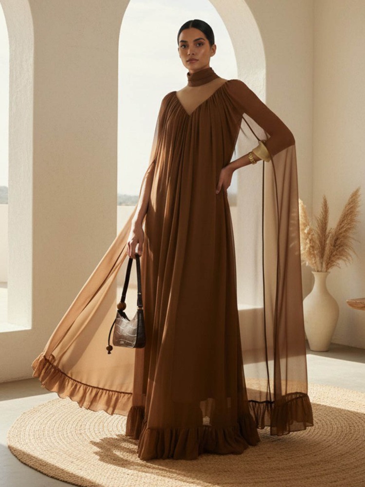 UOOZEE 2026 Nouvelle Robe de Soirée Formelle Élégante à Col Montant et Manches Cape pour Femme, Couleur Unie, Robe Longue de Cérémonie pour Invitée de Mariage, Demoiselle d'Honneur ou Fête