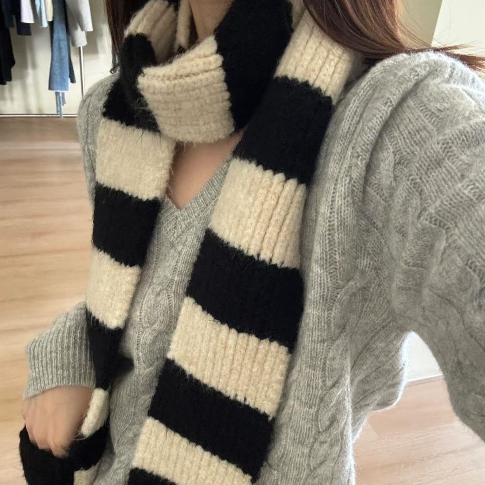 Écharpe rayée en laine pour femme, écharpe polyvalente, Design Y2K, Version coréenne, fine, étroite, longue, rayée, décontractée, hiver